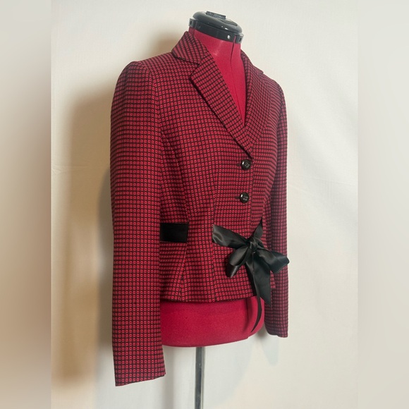 Tahari ASL Blazer Women's Size 6 Red & Black Checkered with Satin Bow - Picture 3 of 9